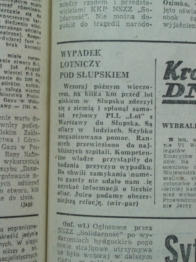 Pierwsza informacja prasowa o katastrofie, zamieszczona w „Głosie Pomorza” 27 marca 1981 roku na stronie 3