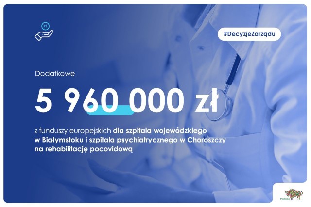 Dzięki dodatkowemu wsparciu szpital wojewódzki w Białymstoku otworzy Oddział Rehabilitacji Kardiologicznej oraz zakupi urządzenia niezbędne do prowadzenia rehabilitacji dla osób, które przeszły COVID-19. Projekt zyska też nowego partnera. Będzie to szpital psychiatryczny w Choroszczy. Na realizację tych przedsięwzięć pozwoli blisko 6 mln zł przyznane dodatkowo przez zarząd województwa w czwartek, 27 kwietnia.