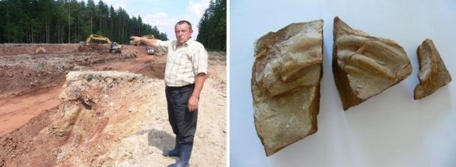 (Z lewej) Tutaj znalazłem kamienie z dziwnymi odciskami. W jednym miejscu było wiele śladów, niestety, skalną płytę rozbiła koparka - mówi Jacek Kwiecień z Łącznej. (Z prawej) Jeden z kamieni ocalonych przez mieszkańca Łącznej z terenu budowy. Czy to ślady dinozaurów, oceni specjalista z Uniwersytetu Warszawskiego.