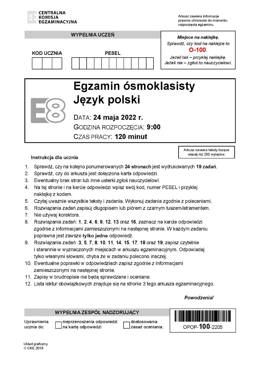 Egzamin ósmoklasisty polski 2022 - ARKUSZE CKE. Co było na egzaminie ósmoklasisty z polskiego?