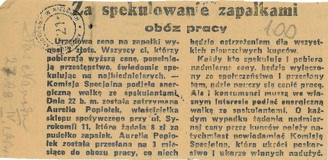 Za spekulowanie zapałkami obóz pracy ¬– artykuł z dziennika „Głos Narodu”. Ze zbiorów Archiwum Państwowego w Kielcach.