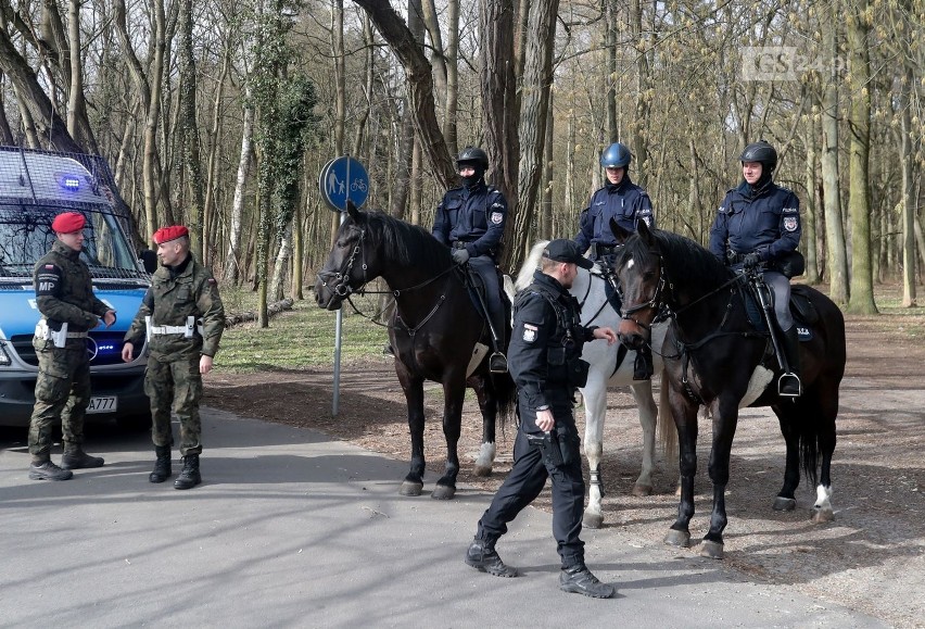 Policjanci na koniach, żandarmeria. Pilnują parków i lasy w Szczecinie. Jest zakaz wstępu - 05.04.2020