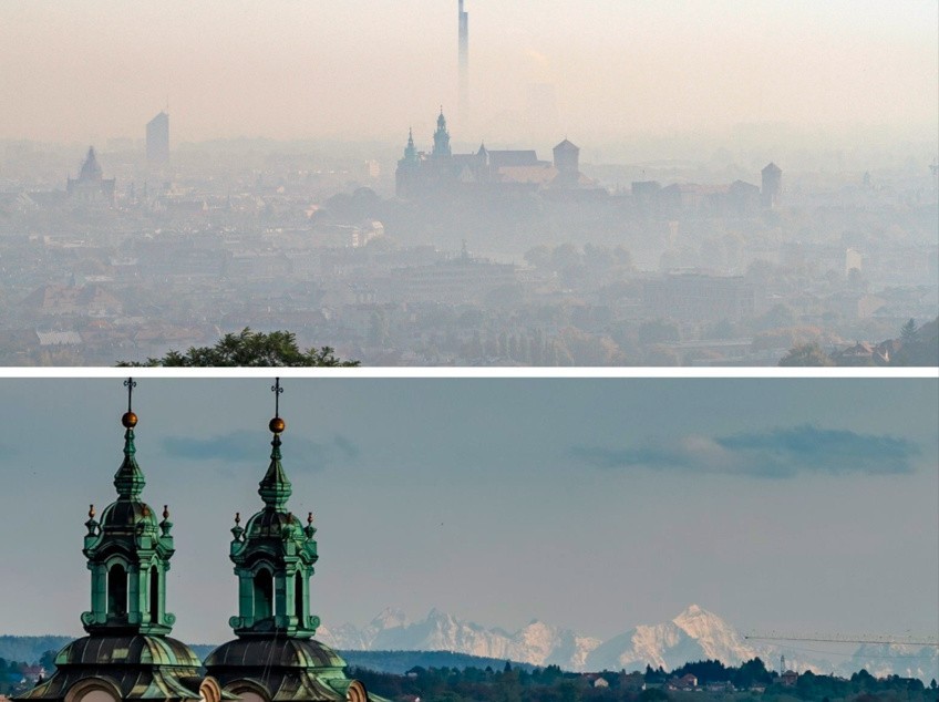 Zdjęcia z serii "Znajdź różnicę". U góry Kraków w smogu,...