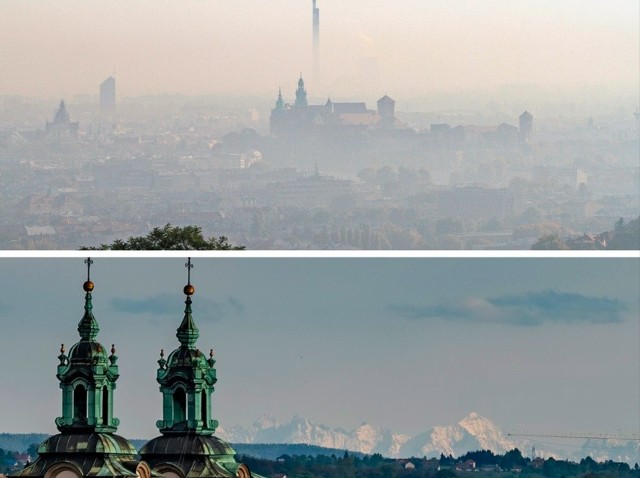 Zdjęcia z serii "Znajdź różnicę". U góry Kraków w smogu, poniżej stolica Małopolski w dniu z przejrzystym powietrzem, w którym widać Tatry.