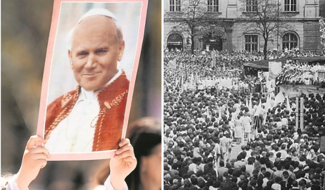 Portret Jana Pawła II i zdjęcie z białego marszu w roku 1981