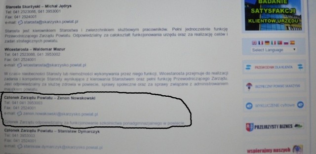 Do czwartku na stronie internetowej skarżyskiego starostwa widniało jeszcze nazwisko Zenona Nowakowskiego, jako członka zarządu powiatu odpowiedzialnego za oświatę ponadgimnazjalną. Samorządowiec zmarł rok temu... 