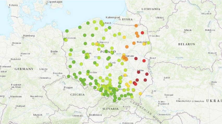 Mapa prezentująca Indeks jakości powietrza dla pyłu zawieszonego PM10, dane pomiarowe z godz. 16:00  23 sierpnia br.  https://powietrze.gios.gov.pl/pj