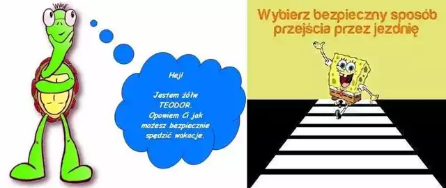 Tak wygląda stworzony przez białostockich policjantów żółw Teodor (z lewej). SpongeBob będzie promował bezpieczeństwo na drodze