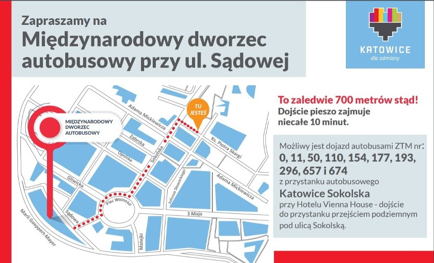 Coraz więcej podróżnych korzysta z nowego dworca w Katowicach, ale nie wszyscy wiedzą, jak na Sądową trafić. Miasto przygotowało mapkę
