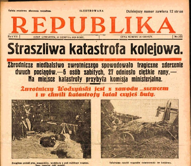 14 sierpnia 1929 w pobliżu Łodzi Kaliskiej zderzyły się dwa pociągi, zginęło 6 żołnierzy 28. Pułku Strzelców Kaniowskich i 2 kolejarzy.