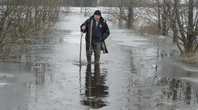 Dwie godziny idzie zalaną przez Gopło drogą. Krok za krokiem. Powoli. Kijem bada grunt, by nie wpaść pod wodę. Dlatego trwa to tak długo. 