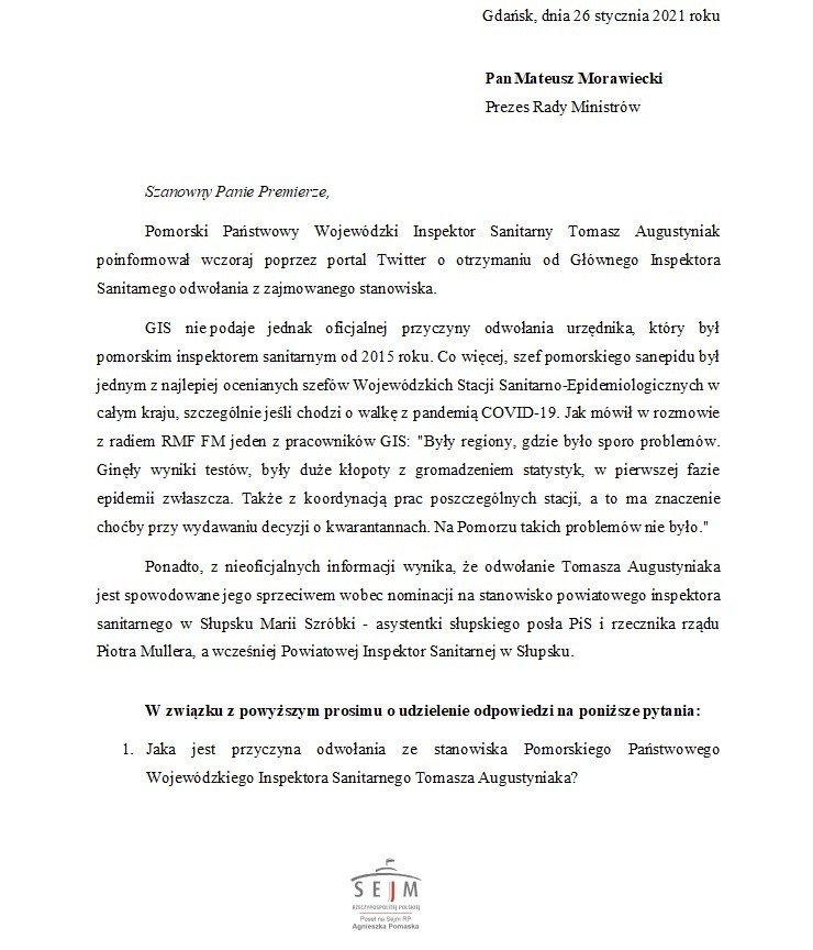 Koalicja Obywatelska pyta premiera o powody zwolnienia Tomasza Augustyniaka. Borusewicz: Funkcjonariusz partyjny odwołuje specjalistę