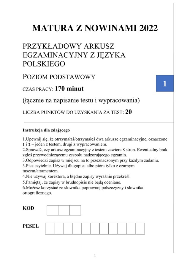 Matura próbna 2022. Język polski (poziom podstawowy) - TEST [ARKUSZE] |  Nowiny