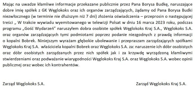 Węglokoks S.A. wydał oświadczenie w sprawie wypowiedzi Borysa Budki. Spółka domaga się sprostowania informacji