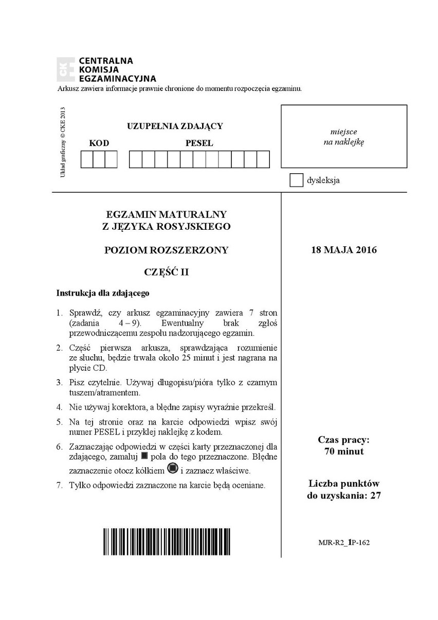 Stara matura 2016: Język ROSYJSKI rozszerzenie [ODPOWIEDZI,...