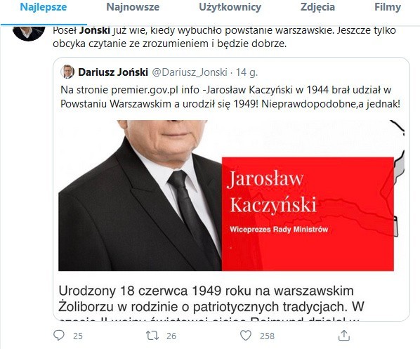 Dariusz Joński znów o Powstaniu Warszawskim i Jarosławie Kaczyńskim... Przypomniał swą kompromitującą wpadkę sprzed lat