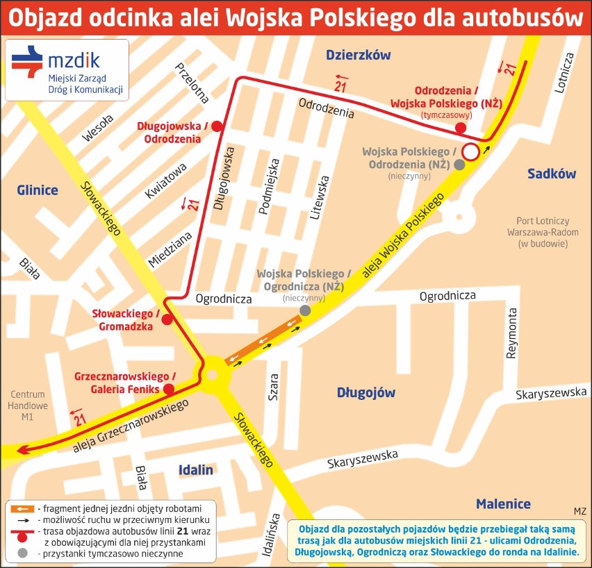 Mapa objazdu odcinka alei Wojska Polskiego dla autobusów,...
