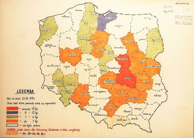 Mapa ilustrująca skalę strajków w 1976 r., sporządzona w Ministerstwie Spraw Wewnętrznych.