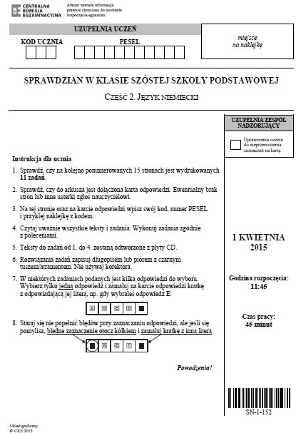 Sprawdzian 2015 szóstoklasisty. Język niemiecki [ODPOWIEDZI,...