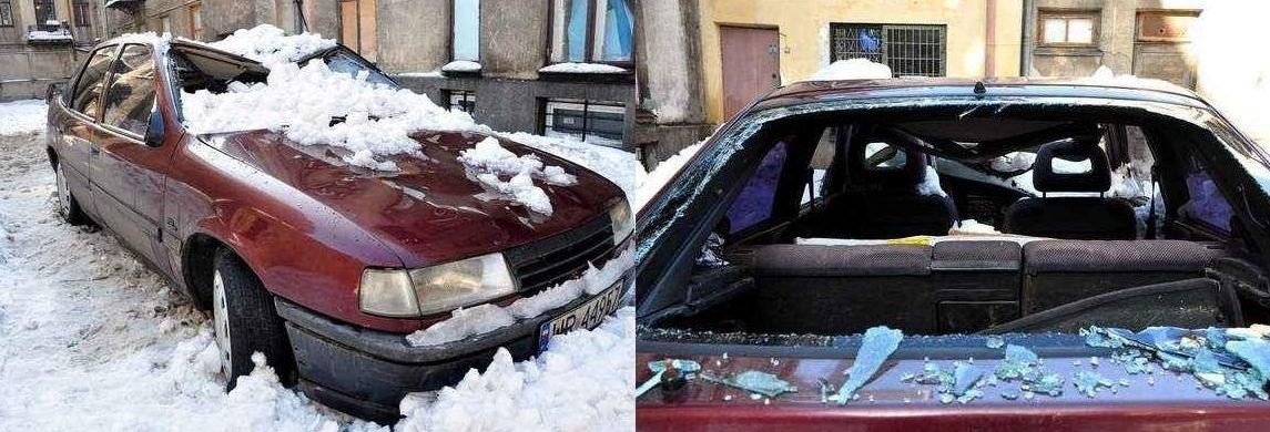 Śnieg zsunął się z dachu i uszkodził samochód (zdjęcia