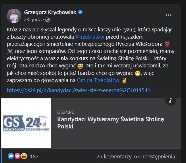 Grzegorz Krychowiak wspiera Trzebiatów w walce o miano Świetlnej Stolicy Polski