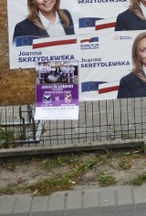 Plakaty wyborcze Joanny Skrzydlewskiej na szkole w Lutomiersku. Nie wiadomo, kto je tam zawiesił