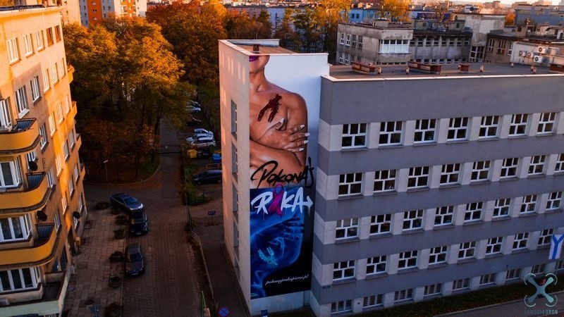 Sosnowiec. Mural "Pokonaj raka" na elewacji budynku dawnego...