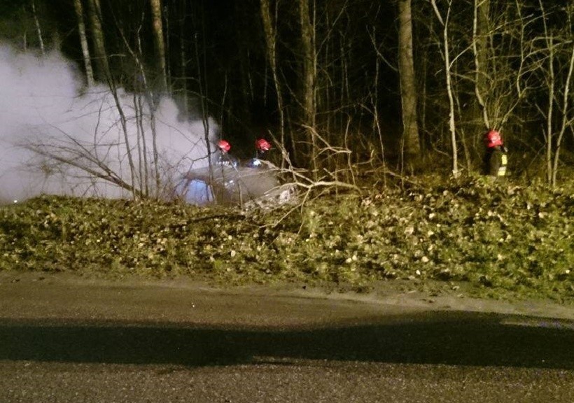 Wypadek w Dobieszynie pod Białobrzegami. Samochód wpadł do rowu i doszczętnie spłonął 