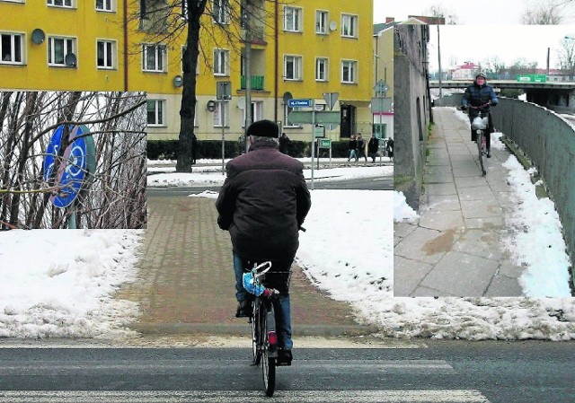 Rondo na placu Dąbrowskiego bez przejazdów rowerowych, w sąsiedztwie niewidocznych znaków drogowych i ścieżki pieszo-rowerowej o szerokości niezgodnej z normami. 