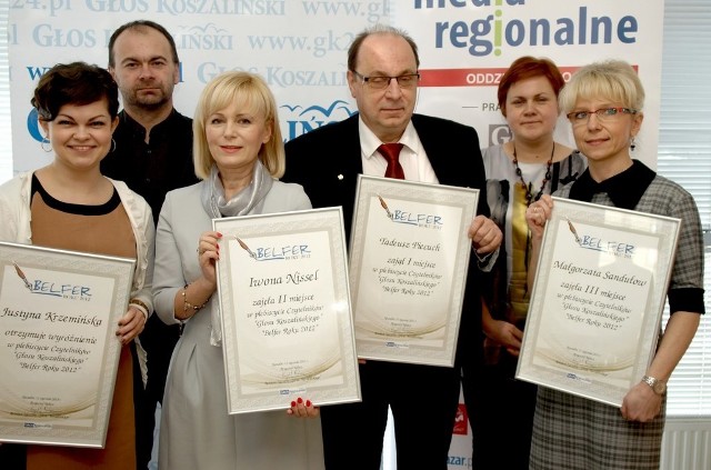 (od lewej) Justyna Krzemińska, Przemysław Stefanowski (zastępca redaktora naczelnego "Głosu Koszalińskiego"), Iwona Nissel, Tadeusz Piecuch, Sylwia Zarzycka (dziennikarz GK), Małgorzata Sandułow.