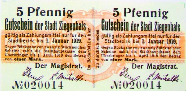 Podwójny bon zastępczy wydany przez magistrat Głuchołaz w styczniu 1919 r.