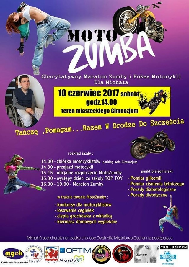 Impreza rozpocznie się o godz. 14.-14.30 motocyklowym przejazdem. O godz. 15.15 zacznie się moto zumba, a piętnaście minut później wstępy dzieci ze szkoły Top Toys.