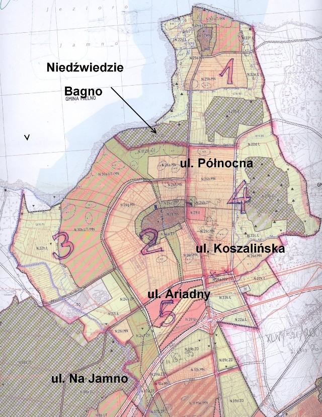 Nowa dzielnica miasta, czyli osiedle Jamno - Łabusz, jest podzielona na pięć rejonów.