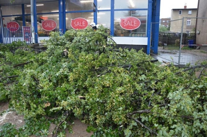 Silny wiatr przewrócił drzewo na market w Wejherowie