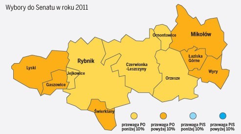 W wyborach parlamentarnych mandat senatora zdobył Antoni Motyczka z PO. To było bezdyskusyjne zwycięstwo kandydata Platformy. We wszystkich gminach i miastach okręgu rybnickiego zdobył on wyraźnie większe poparcie niż startujący pod szyldem PiS-u Tadeusz Gruszka, zaś w przypadku  Łazisk Górnych, Mikołowa, Wyr, Gaszowic, Lysek i Świerklan jego przewaga przekroczyła 10 "oczek"