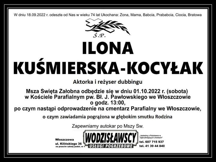 Ilona Kuśmierska-Kocyłak, słynna Jadźka z "Samych swoich", spocznie na cmentarzu we Włoszczowie