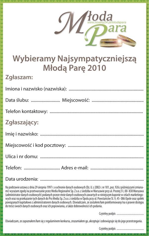 Kupon zgłoszeniowy do plebiscytu Najsympatyczniejsza Młoda...