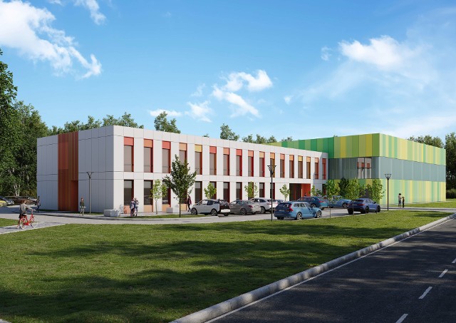 Tak ma wyglądać nowa część Szkoły Podstawowej nr 4 w Wieliczce, która powstanie na terenie przy siedzibie TS Wieliczanka. Pierwszy obiekt (z salami lekcyjnymi) powinien być gotowy już na przełomie 2022 i 2023 roku