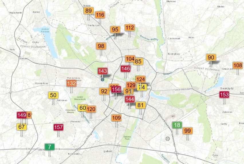 Tak wygląda mapa jakości powietrza w Poznaniu serwisu...