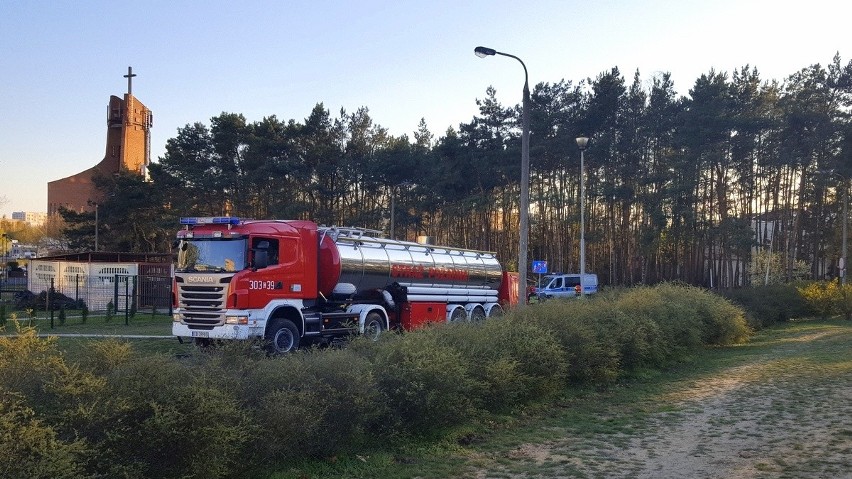 Policjanci wraz z biegłymi prowadza oględziny terenu, który...