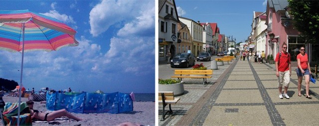Po lewej: plaża w Ustce, zdjęcie przysłane przez internautę po godz. 13.30. Po prawej: zdjęcie z Ustki, godz. 13, Głowna ulica miasta Marynarki Polskiej.