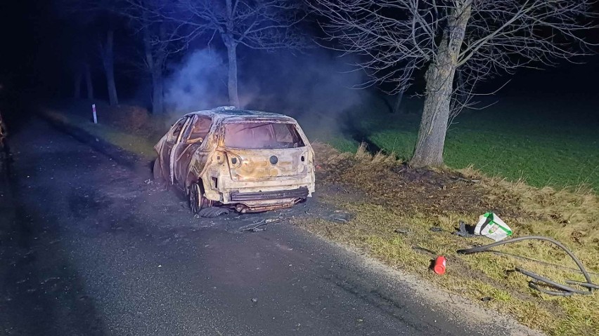 Wypadek koło Połczyna-Zdroju. Auto uderzyło w dziką zwierzynę i stanęło w płomieniach [ZDJĘCIA]