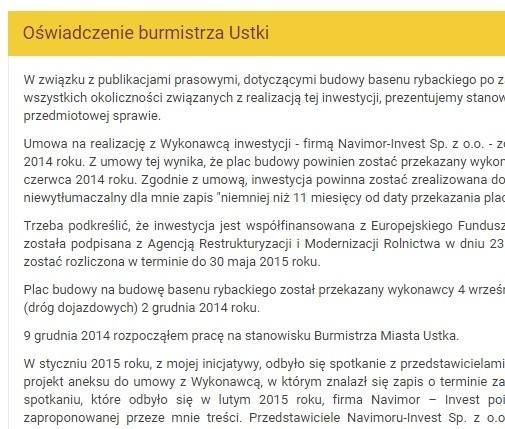 Burmistrz Ustki Jacek Graczyk zamieścił oświadczenie na stronie internetowej miasta ustka.pl