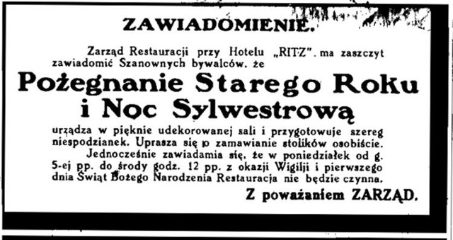 Zapowiedź sylwestra w Ritzu z 1928 roku