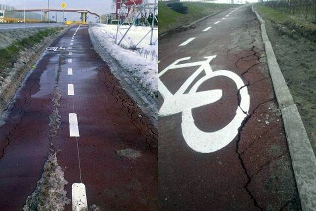 Popękana ścieżka rowerowa przy ulicy Gen. Maczka w lutym i w marcu.