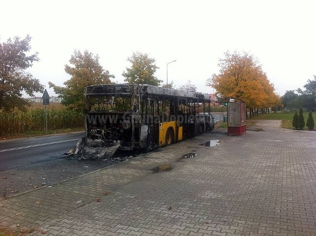 Autobus linii 719 spłonął doszczętnie na przystanku autobusowym w Skórzewie przed gimnazjum.