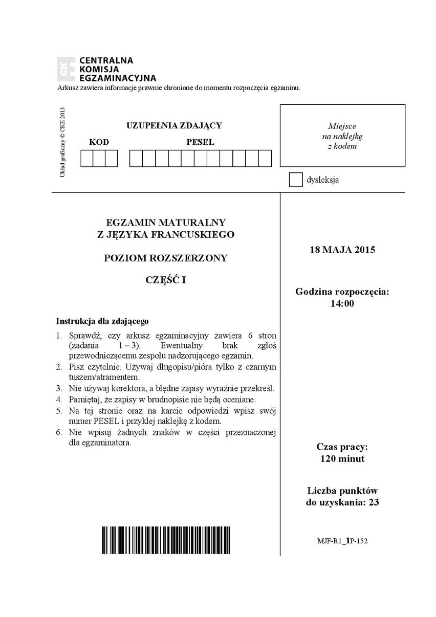 Matura 2015. Język FRANCUSKI poziom rozszerzony dla...