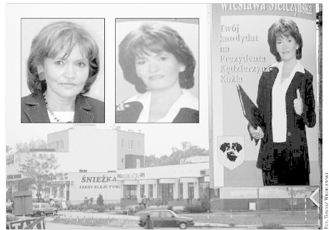 Wiesława Sietczyńska zaprosiła dziennikarzy na spotkanie, ale nie pozwoliła sobie robić zdjęć. Zamieszczamy więc fotografie: jej plakatu wyborczego (w środku - twarz w powiększeniu) oraz (z lewej) ujęcie kandydatki z rozpoczęcia jej kampanii wyborczej, wykonane 5 sierpnia. Czy słusznie napisaliśmy, że na plakatach Sietczyńska jest odmłodzona?