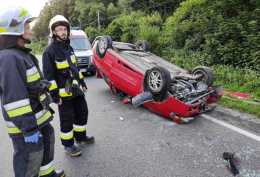 Wypadek na drodze krajowej nr 28. Auto przewróciło się na dach. Zginął koń [ZDJĘCIA]