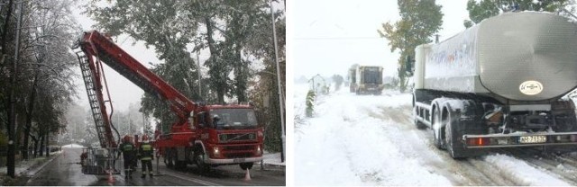 (Z lewej) Prawie trzy godziny centrum Kielc było zakorkowane przez zamknięcie ulicy Ogrodowej, nad którą wisiał złamany konar. Strażacy po kawałku odcinali niebezpieczną gałąź. (Z prawej) Na drodze Garbacz - Janowice w zaspach utknęło kilka ciężarówek.